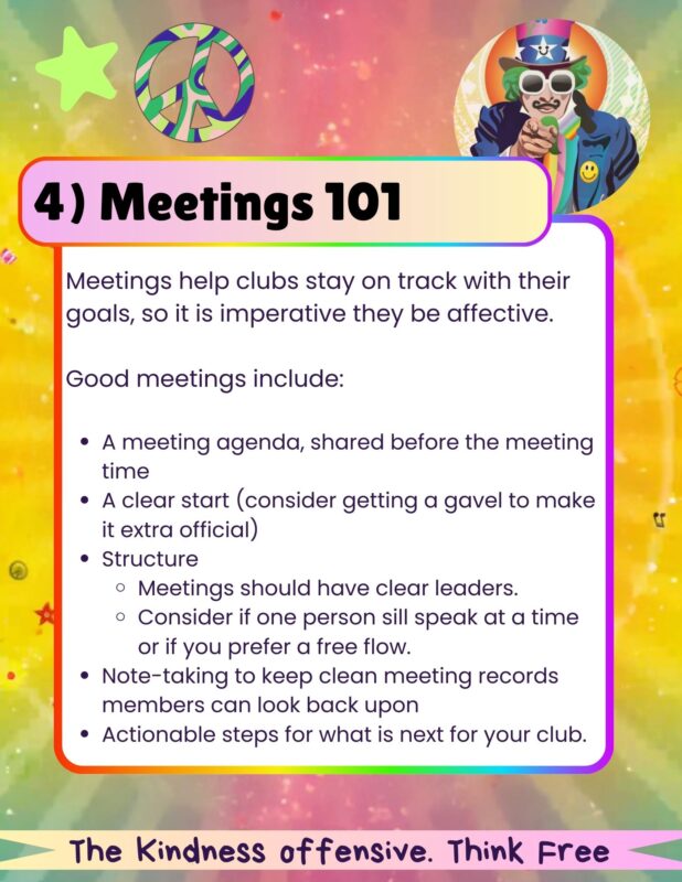 Meetings are the basis for clubs, so organization and frequent meetings are key to creating a Club TKO.
